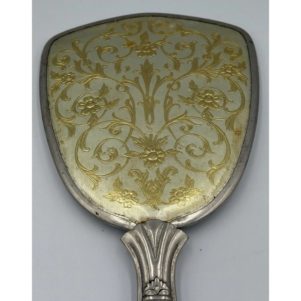 Vintage 1950s Vanity Hand Mirror Silver Plate Floral Decorative Inlay MCM Beauty